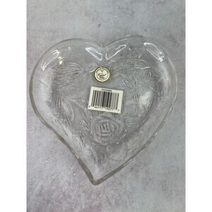 Crystal‎ Clear Heart Shaped Candy/ Jelly Dish Hummingbird and Flower Design 6"